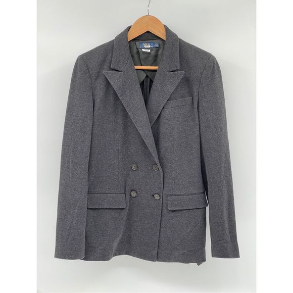 Polo Ralph Lauren Blazer Jacket Double Breasted Women Size‎ 8 Gray Cotton Blend